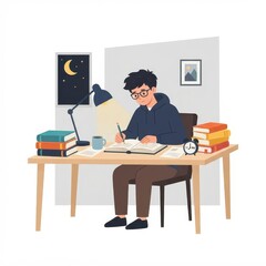 Fototapeta premium Student studying late at night at a desk