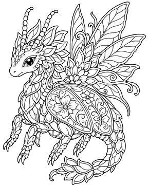 Fantasy dragon fairy coloring page with ornate floral patterns