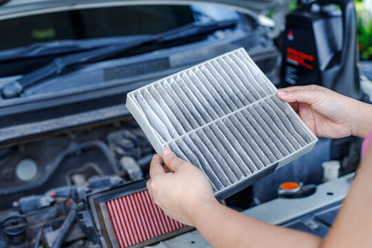 Hand of Woman Holding Dirty Cabin Air Filter