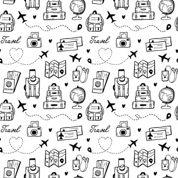 Travel and vacation life essentials doodle vector hand drawn illustrations in sketch style. Tourism and journey design in black color for wrapping paper, textile, fabric, background, wallpaper