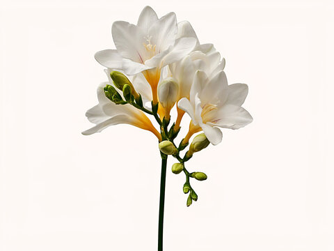 Elegant white freesia blossoms with delicate petals and yellow accents isolated on a clean white studio background for botanical design