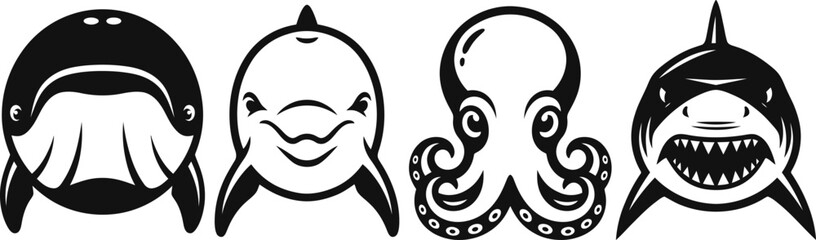 A collection of hand drawn black and white illustrations featuring a whale a dolphin an octopus and a shark isolated on a white background © Tufayel