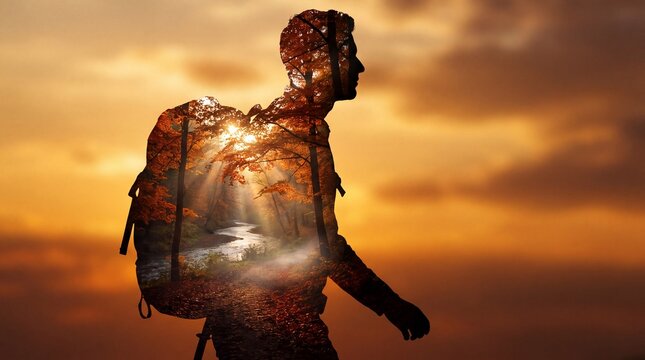 A man silhouette hiking through an autumn forest featuring double exposure with a river and sunset.