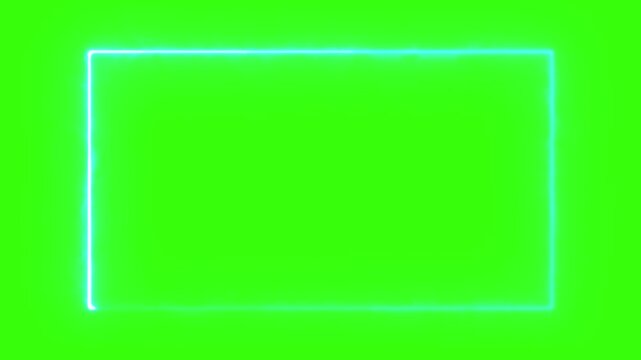 Blue neon glowing rectangle frame moving on green screen background video footage.