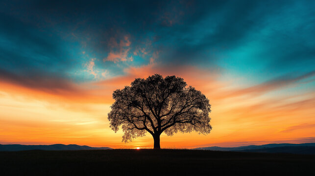 Lone tree silhouette against dramatic colorful sunset sky on horizon