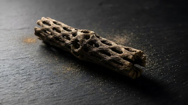 Decarboxylation process conceptualized through a dried cholla cactus skeleton on a dark textured background representing chemical transformation phases