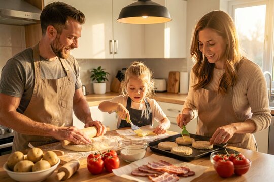 Happy family in modern kitchen preparing Ulster Fry with bacon, eggs, sausage, soda bread, and tomatoes. Concept of family cooking together, sharing joyful moments and delicious food.