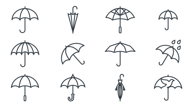 Collection of umbrella icons and illustrations for weather and rain themes. Set of line art umbrella symbols for design projects and weather icons.
