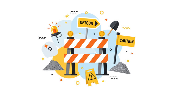 Under Construction Vector Illustration with Road Barriers, Detour Signs, and Safety Icons for Web Maintenance