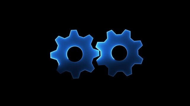 Glowing Blue Metallic Double Gear Cogwheels Animation Loop on Black Background for Mechanical Integration and System Engineering Concept.