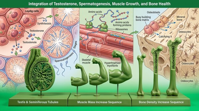 Testosterone and human anatomy infographic. Biological chart showing muscle and bone growth.