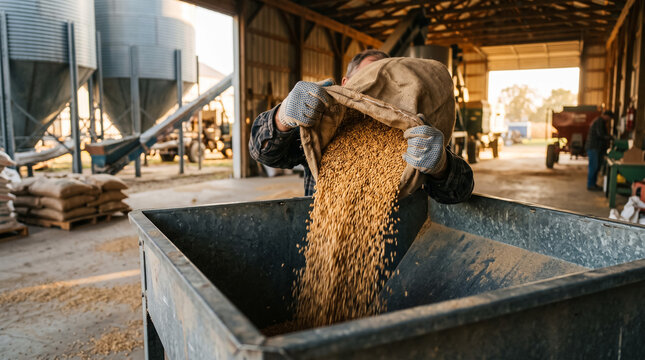 Farmer pouring corn into a grain bin. Agricultural worker handling harvested maize crop.