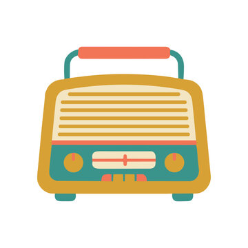 Radio receiver with a vintage design features a handle and tuning dials for listening to broadcast audio in a domestic or studio setting.