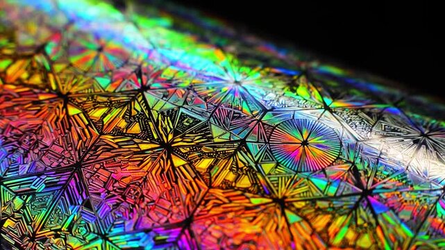 Macro holographic security foil surface, geometric micro-patterns, rainbow diffraction, static, dark background