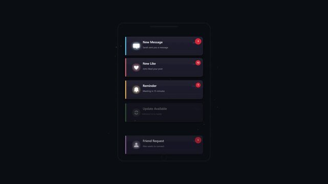 Digital Mobile Notification Interface Design Featuring Interactive Alert List Panels for User Experience and Modern Application Dashboard Navigation
