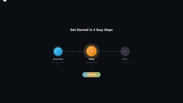 Simple Three Step Workflow Process Diagram with Interactive Circular Progress Indicators for User Onboarding and Software Installation Setup Guide