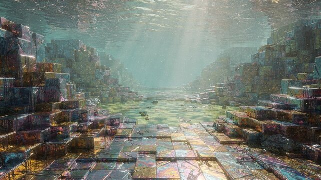 Surreal Submerged Bismuth Crystal Canyon Beneath a Pale Green Shallow Sea｜淡い緑の浅瀬に沈むビスマス結晶峡谷