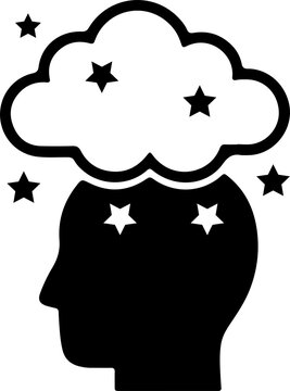 minimalist black human profile illustration featuring a starry thought cloud for creative thinking and imagination concepts, provided as a transparent PNG file.