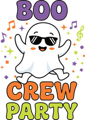 Naklejka premium Cute ghost wearing sunglasses dancing at a halloween party, boo crew party text design