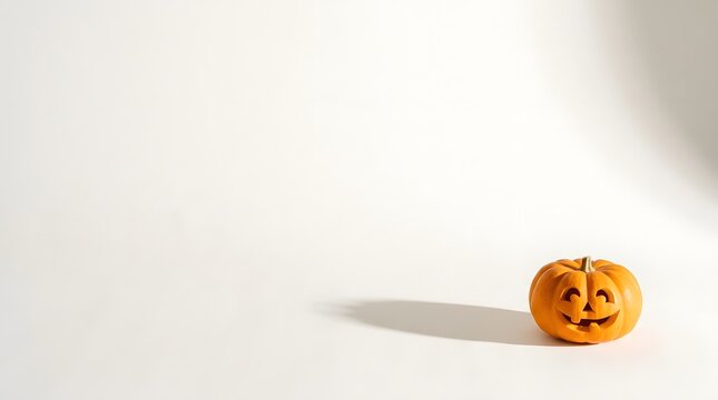 A single small carved jack o lantern pumpkin sitting on a clean white background with a long dramatic shadow cast to the left side
