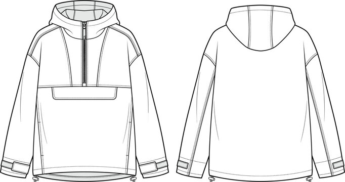 Women's Half Zip Hooded Anorak Jacket Technical Fashion Flat Sketch Front and Back View.