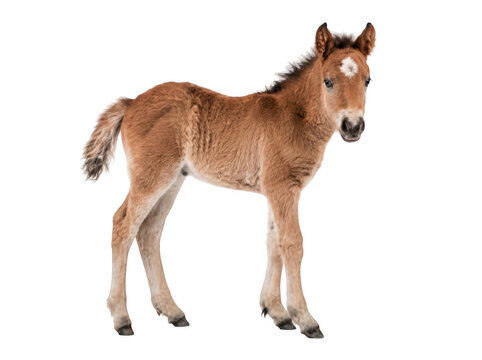 Cute little brown foal standing and looking at camera isolated on transparent background