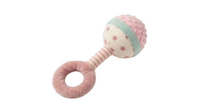 Cute soft baby rattle toy with pink stars and stripes for newborn development and sensory play in nursery isolated on transparent background