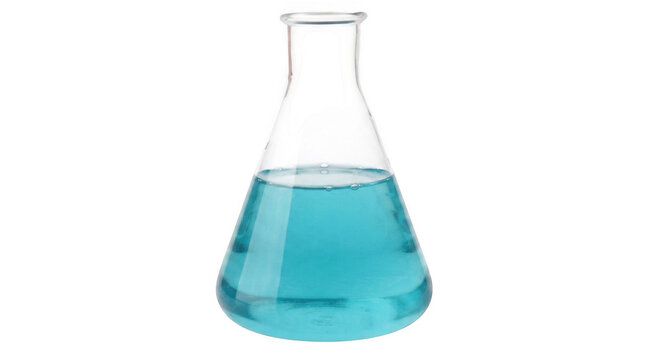 Glass erlenmeyer flask with blue liquid for science and chemistry experiment in a laboratory isolated on transparent background
