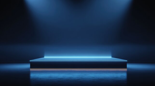 Stunning photo of dark blue stage podium 3d background product platform of empty scene presentation pedestal minimal showcase stand or abstract light show blank display and neon.