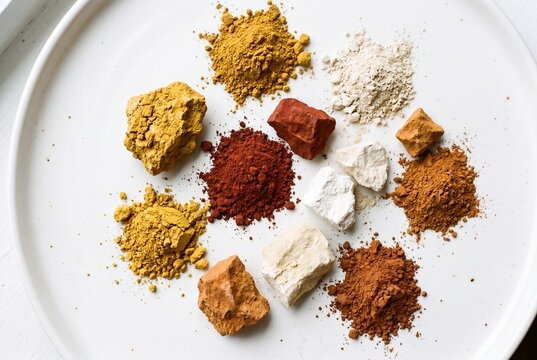 A collection of natural earth pigments and ochre powders arranged on a white ceramic plate surface.
