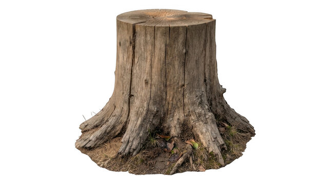 Old brown tree stump with exposed roots from a cut down forest tree isolated on transparent background