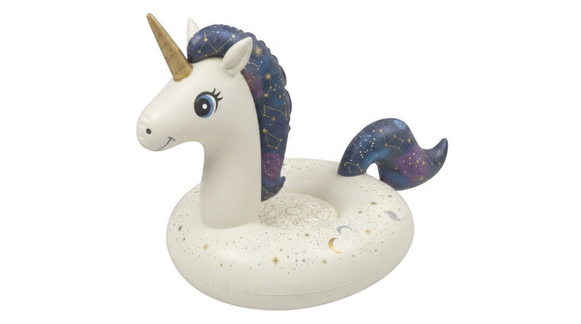 Inflatable unicorn pool float with gold horn and dark blue galaxy patterned mane for summer swimming and water fun isolated on transparent background