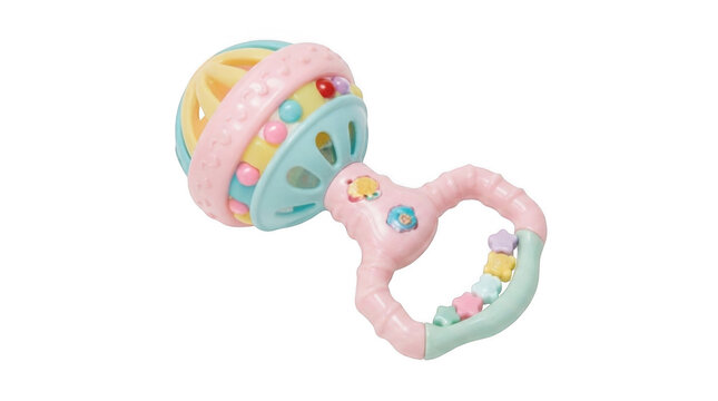 Colorful baby rattle toy with small balls for sensory play and early development for newborn infants isolated on transparent background
