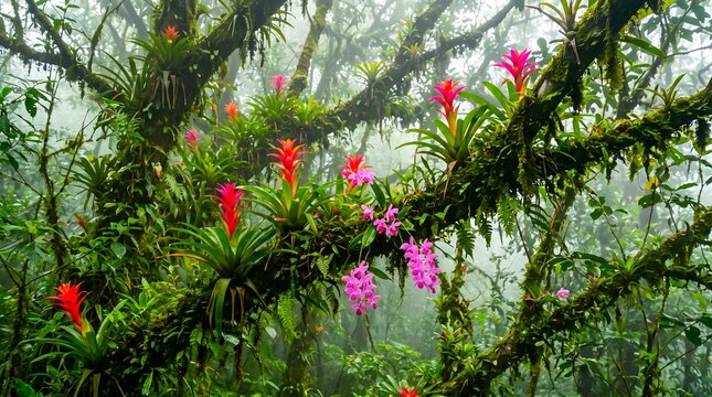 Orchids Blooming in a Lush Tropical Cloud Forest Canopy Mist