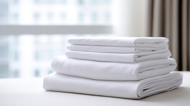 Stunning photo of freshly washed white cotton bed sheets neatly folded. Clean surface in room. Bedding set plain soft smooth comfortable luxury household decor fabric. Home.