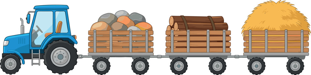 Blue agricultural farm tractor pulling heavy wooden trailers loaded with rustic stones timber logs and golden hay bale harvest vector illustration [20 words] © jamirul