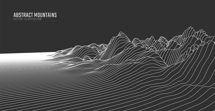 Contour mountain landscape. Waved line art. Abstract minimal topographic map. Contour lines with elevations and terrain depth. Vector illustration.