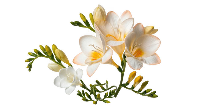 Beautiful delicate white and yellow freesia flowers blooming on a green stem isolated on transparent background