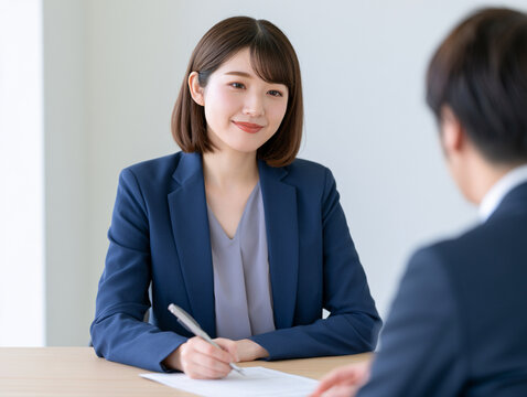 オフィスで採用面接をする若いアジア人女性