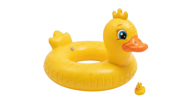 A cute yellow inflatable duck swimming ring for kids to use in a swimming pool during summer vacation at the beach isolated on transparent background