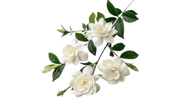 Beautiful white gardenia flowers with green leaves on a stem isolated on transparent background