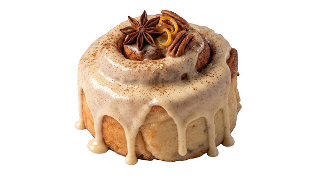 Fresh sweet cinnamon roll topped with creamy icing glaze star anise and orange peel for a delicious holiday treat isolated on transparent background