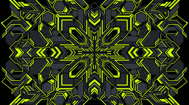 Cyberpunk mechanical pattern with neon green geometric elements