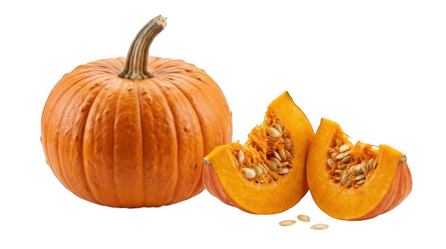 Fresh orange pumpkin with two sliced pieces showing seeds and pulp for autumn harvest and thanksgiving holiday food isolated on transparent background