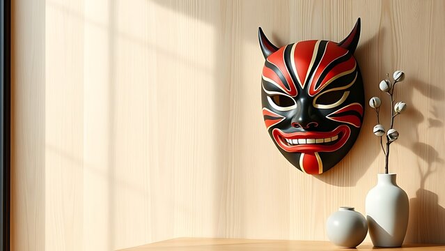 Traditional Kabuki kumadori mask on oak panel with eucalyptus, cultural display concept