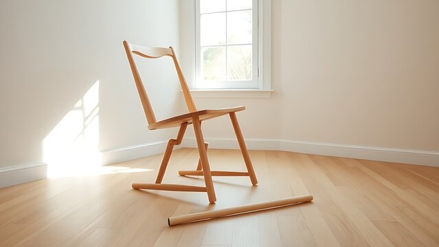 Misaligned wooden chair with crooked leg and unassembled dowel, DIY furniture assembly concept