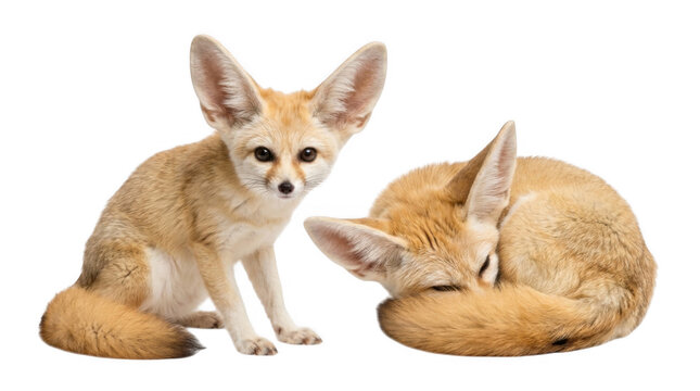 Two cute fennec foxes one sitting and one sleeping on the ground isolated on transparent background