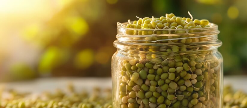Mung bean sprouts growing in glass jar for healthy nutrition