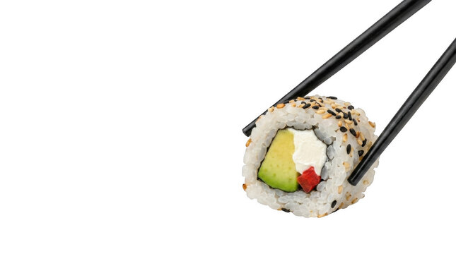 One fresh sushi roll with avocado and cream cheese held by black wooden chopsticks isolated on transparent background