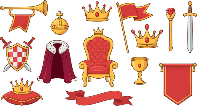 Medieval royal fantasy king regalia vector icon set featuring golden crowns throne chair crimson flags sword shield and banners [18 words]